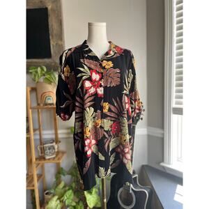Vintage 90s Black Hawaiian Floral Button Front Rayon Blouse Size XL